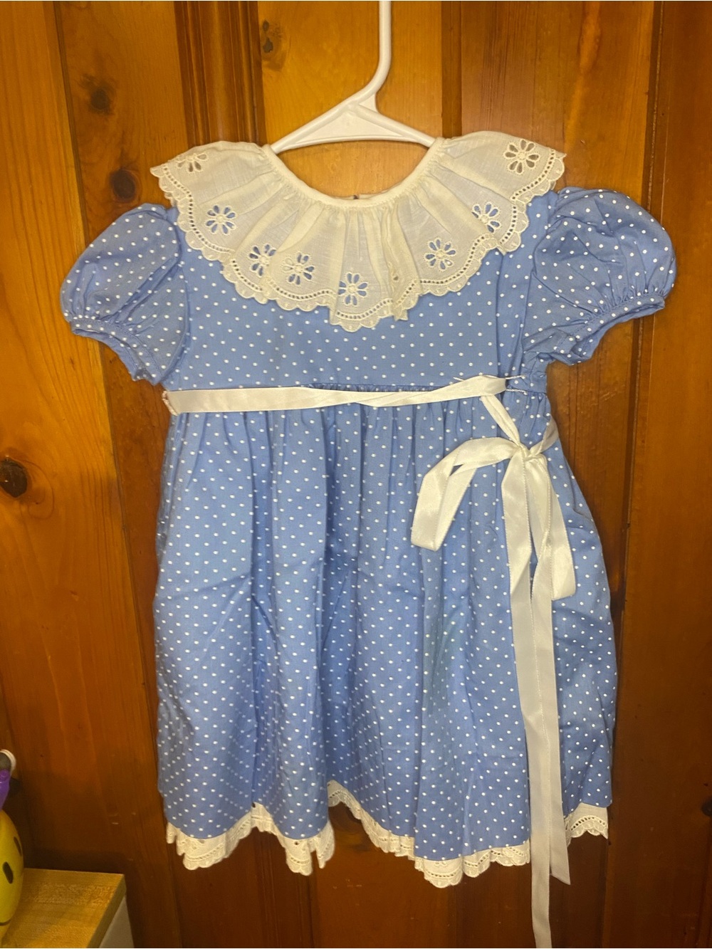 Vintage C.I Castro Blue Polka Dot Girls Dress with White Eyelet Collar
